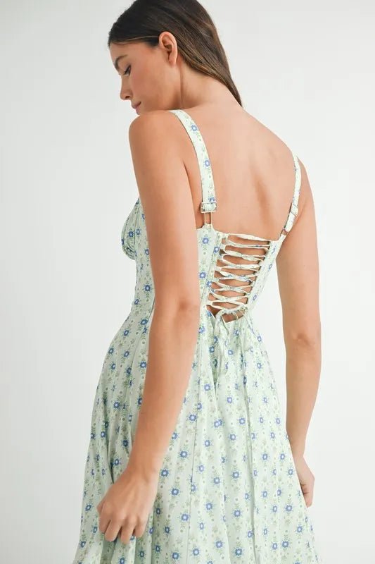 MABLE Floral Print Bustier Back Lace Up Midi Dress - Chaelisa's New Jammies