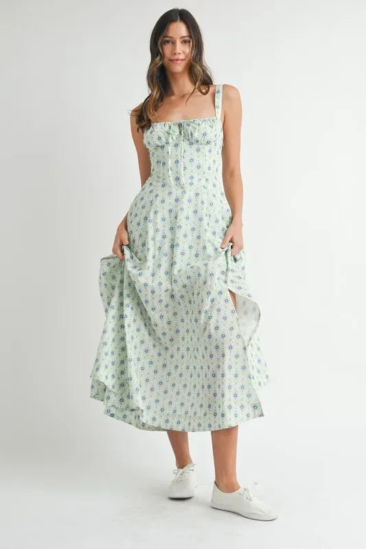 MABLE Floral Print Bustier Back Lace Up Midi Dress - Chaelisa's New Jammies
