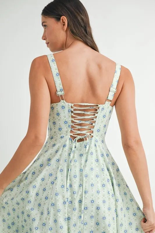 MABLE Floral Print Bustier Back Lace Up Midi Dress - Chaelisa's New Jammies