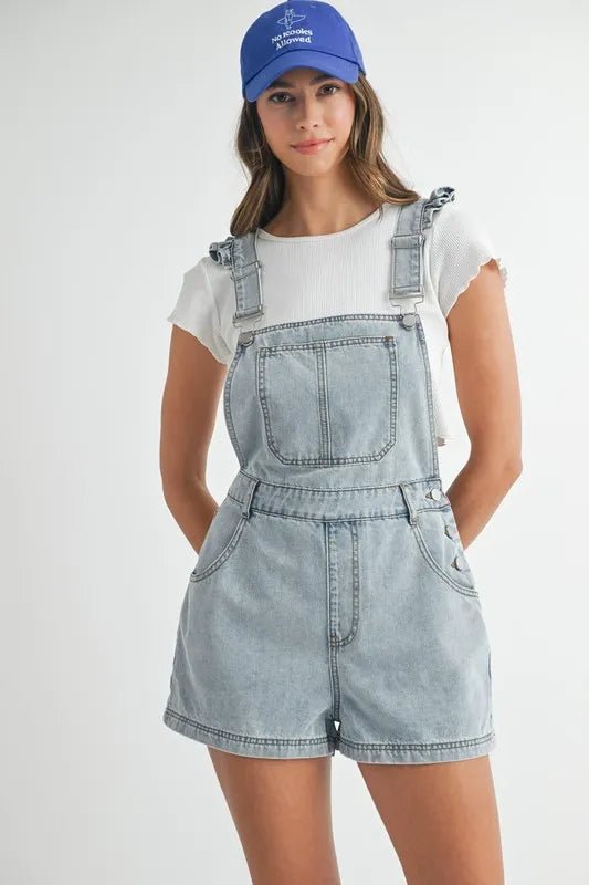 MABLE Square Neck Ruffle Shoulder Denim Overall Romper - Chaelisa's New Jammies