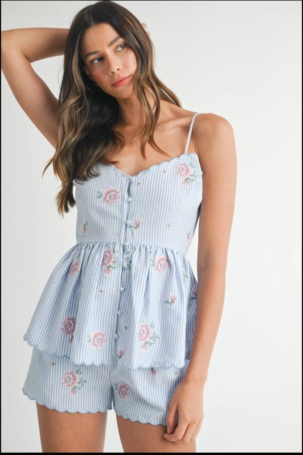MABLE Stripe Embroidered Peplum Cami and Shorts Set - Chaelisa's New Jammies