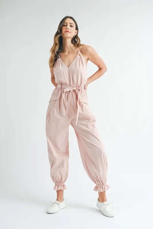 MABLE Washed Fabric Spaghetti Strap Waist Belted Jumpsuit - Chaelisa's New Jammies