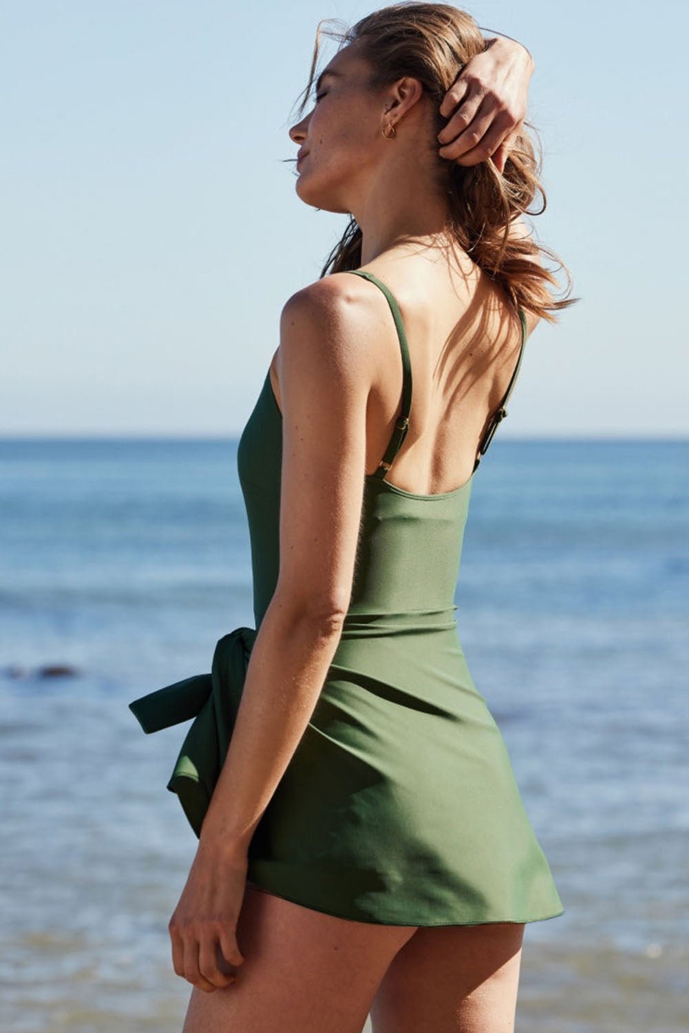 Mist Green Side Tied Waist Square Neck Adjustable Straps A - line One Piece Swim Dress - Chaelisa's New Jammies
