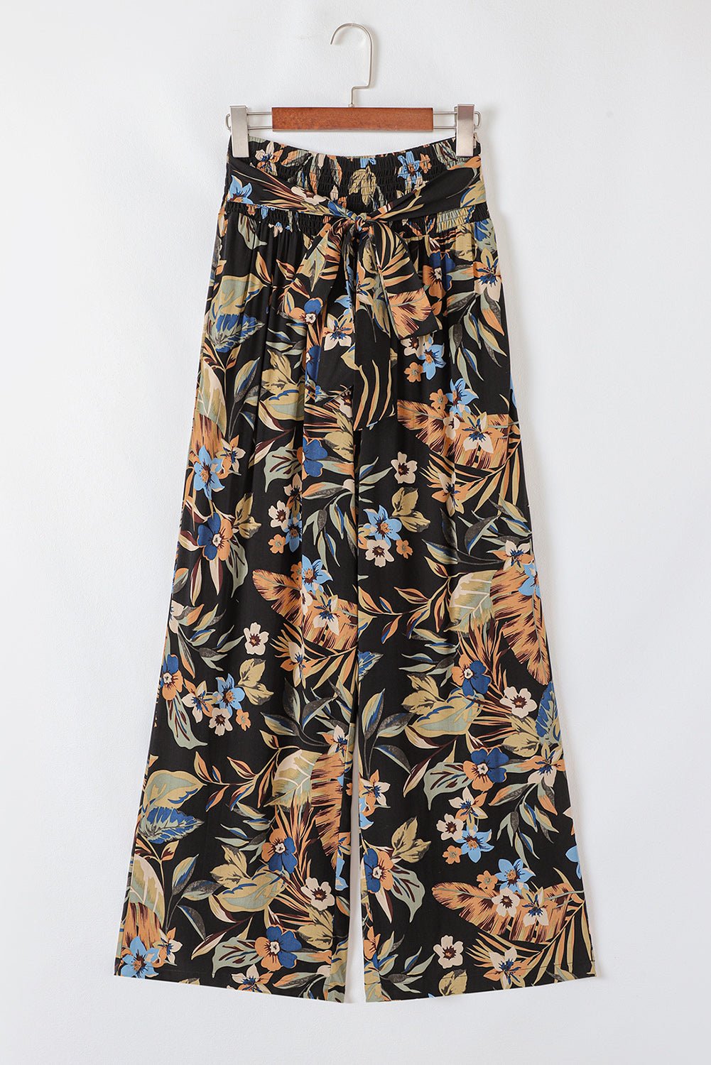 Multicolour Floral Shirred High Waist Wide Leg Pants with Tie - Chaelisa's New Jammies