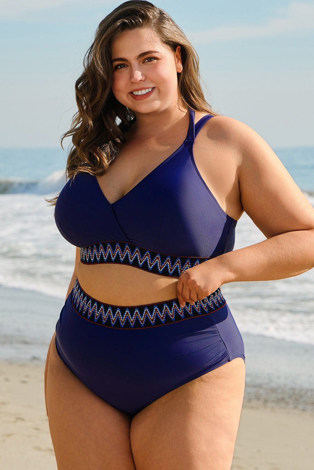 Navy Blue Embroidered Trim Wrap Tie Knot Plus Size High Waisted Bikini - Chaelisa's New Jammies