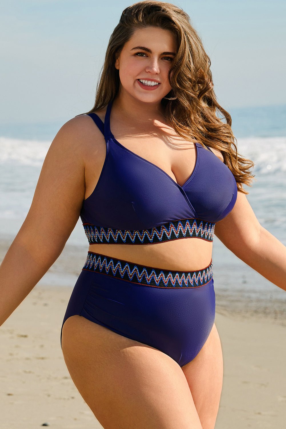 Navy Blue Embroidered Trim Wrap Tie Knot Plus Size High Waisted Bikini - Chaelisa's New Jammies