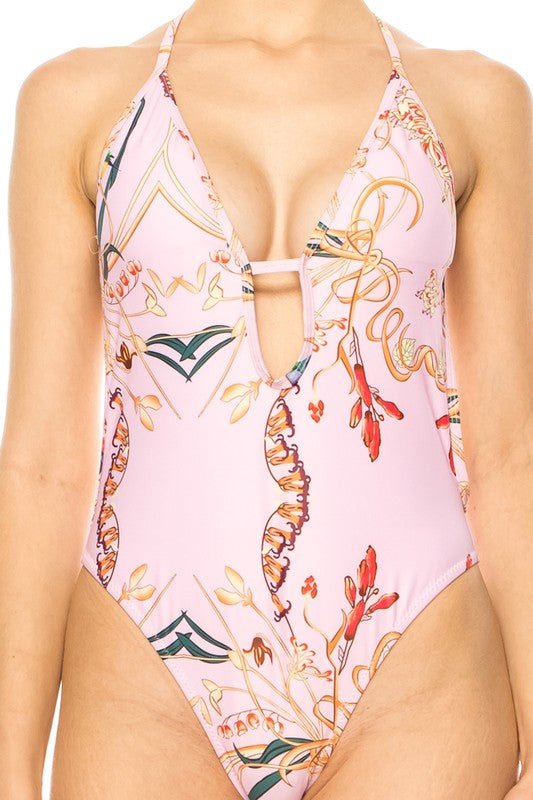 ONE PIECE BATHING SUIT FLORAL PRINT DEEP CUT FRONT - Chaelisa's New Jammies