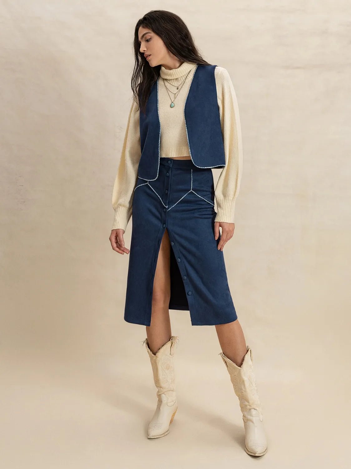 Open Front Vest and Buttoned Skirt Set - Chaelisa's New Jammies