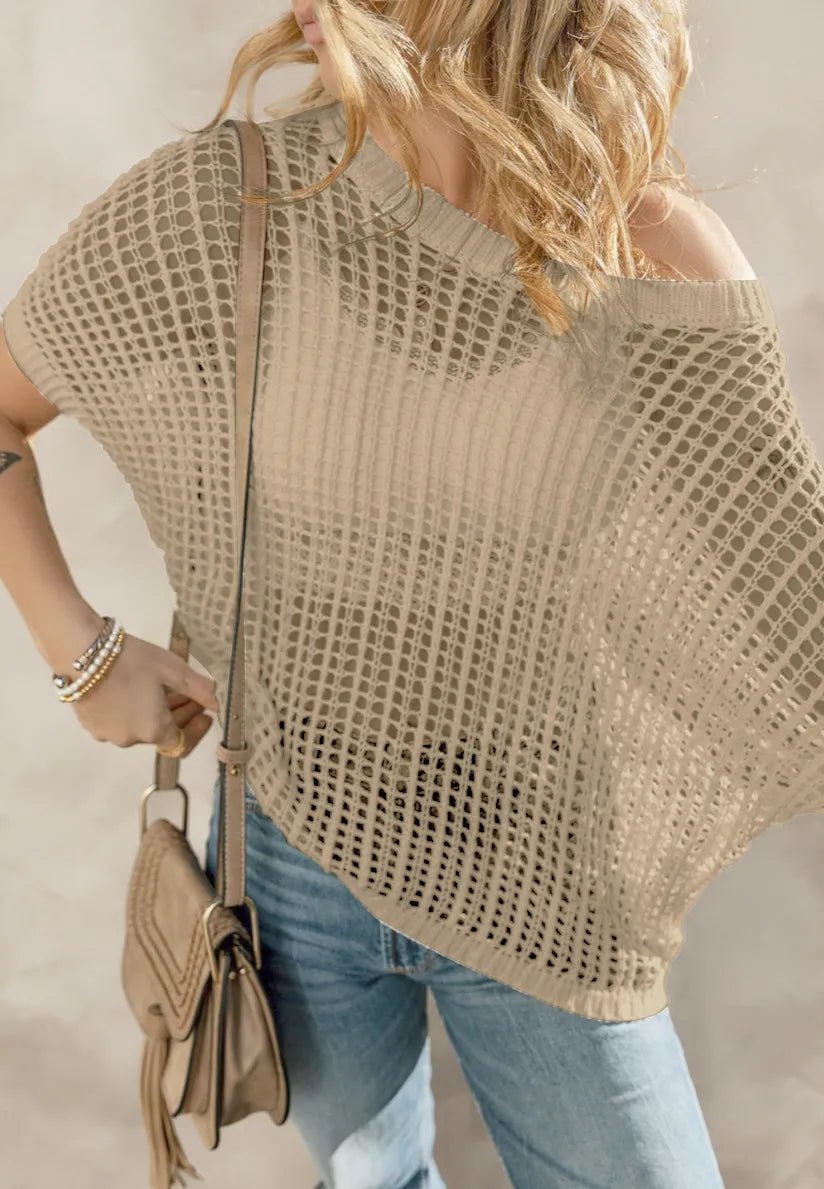 Openwork Round Neck Half Sleeve Knit Cover Up - Chaelisa's New Jammies