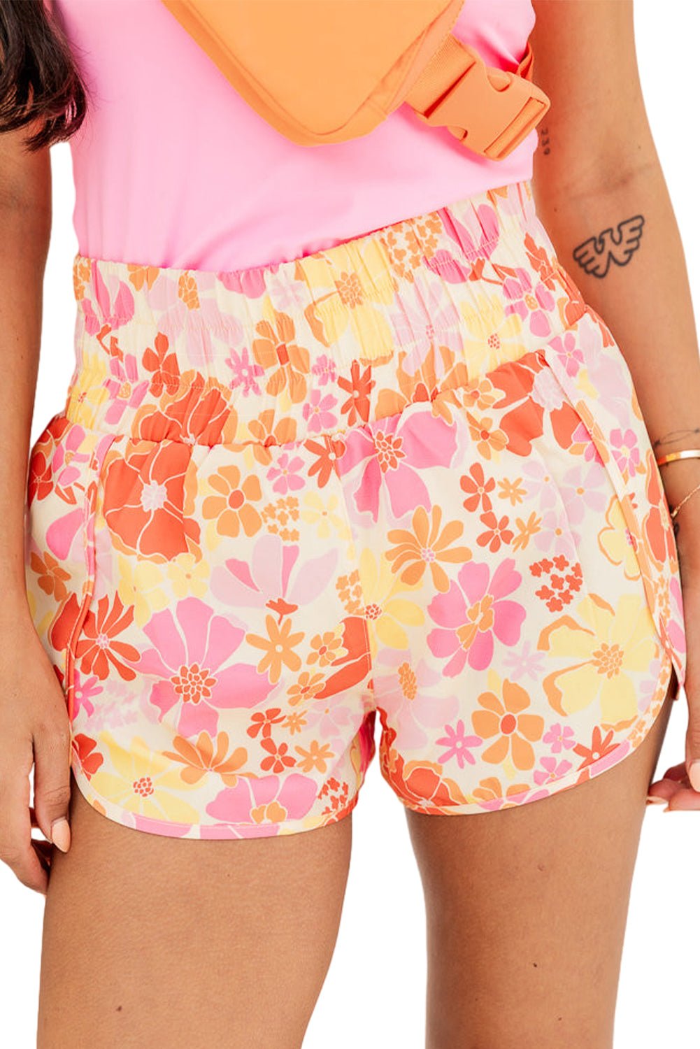 Orange Boho Floral Shirred High Waist Casual Shorts - Chaelisa's New Jammies