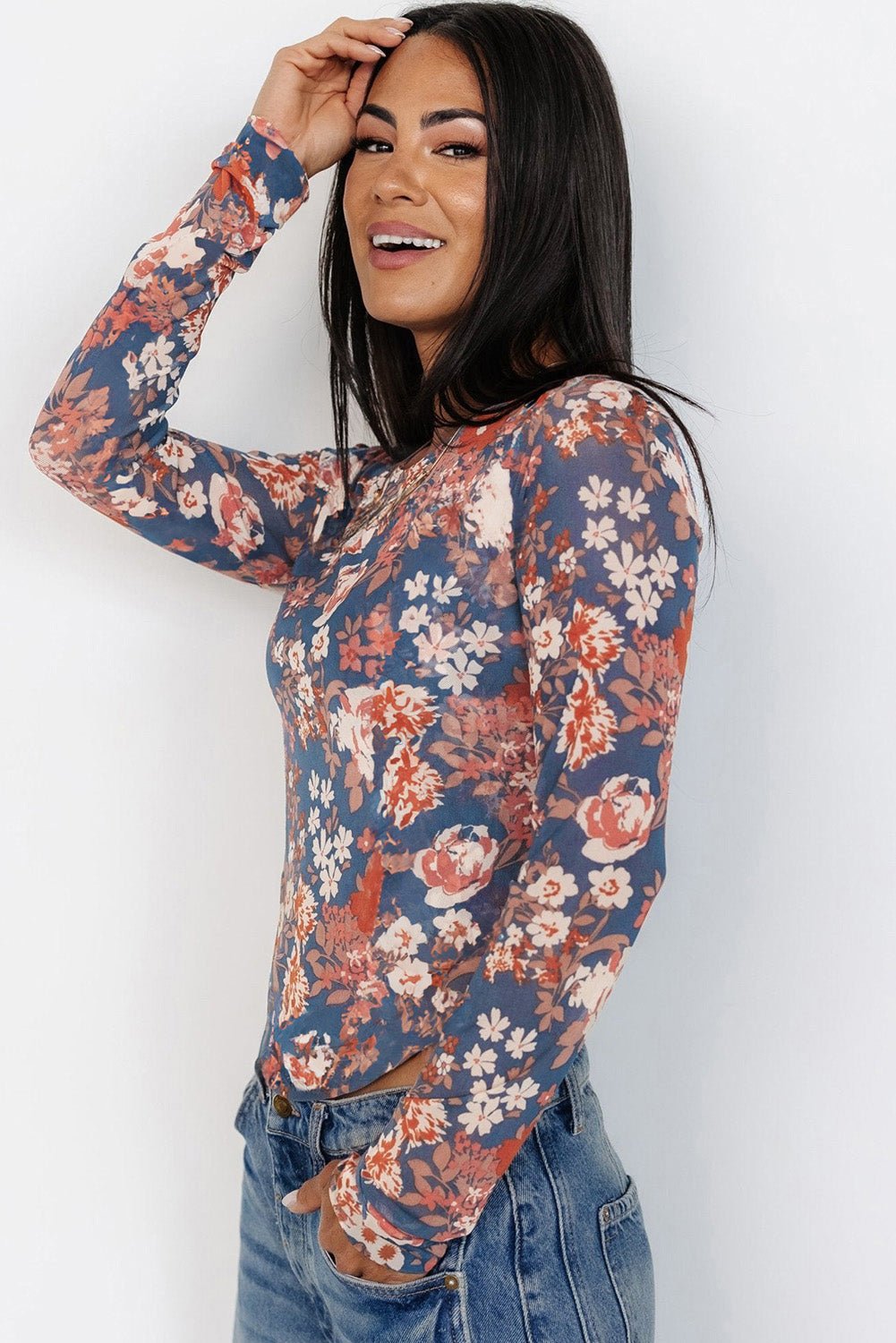 Orchid Petal Floral Print Mesh Fitted Long Sleeve Top - Chaelisa's New Jammies