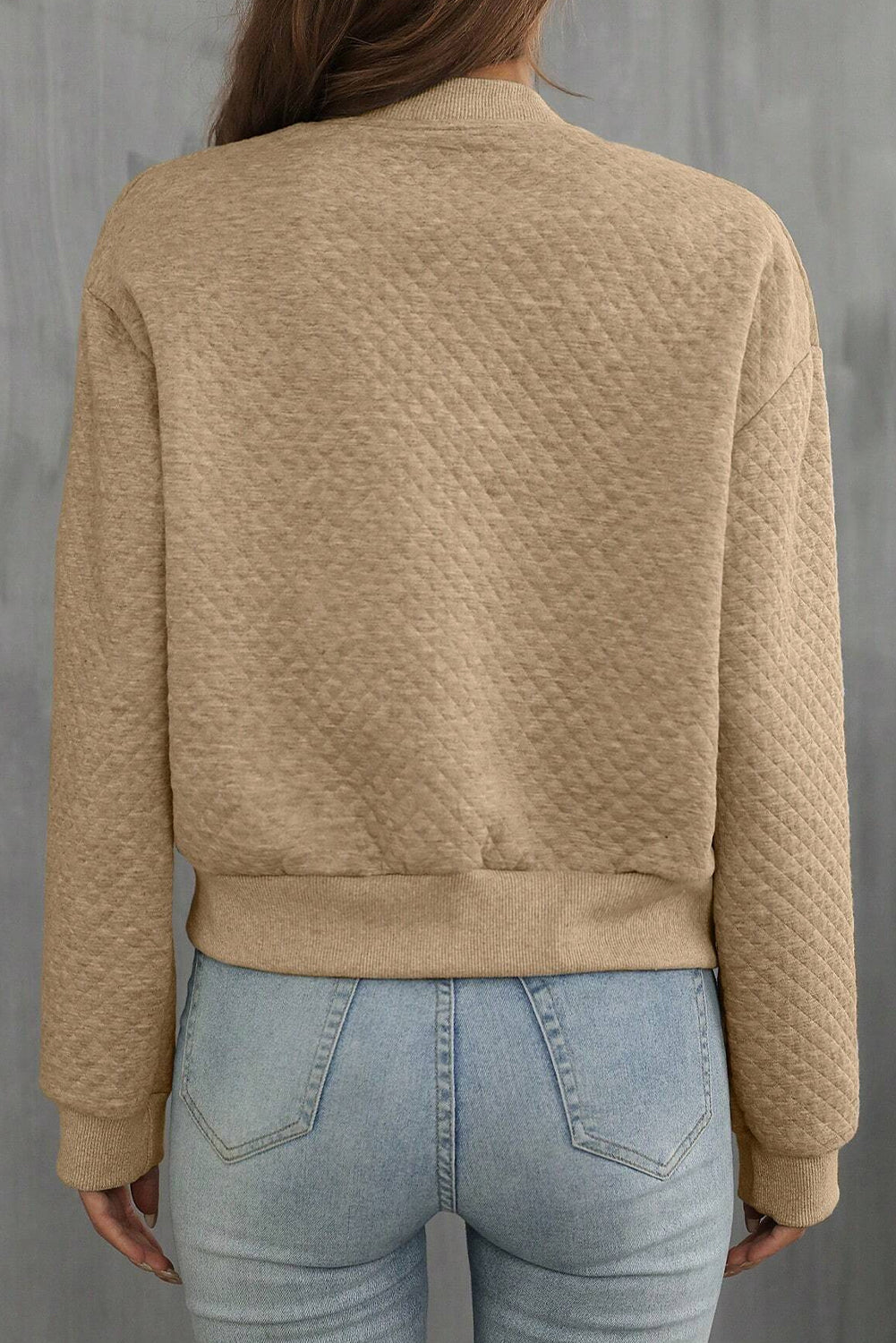 Pale Khaki Solid Geometric Textured Baseball Collar Jacket - Chaelisa's New Jammies