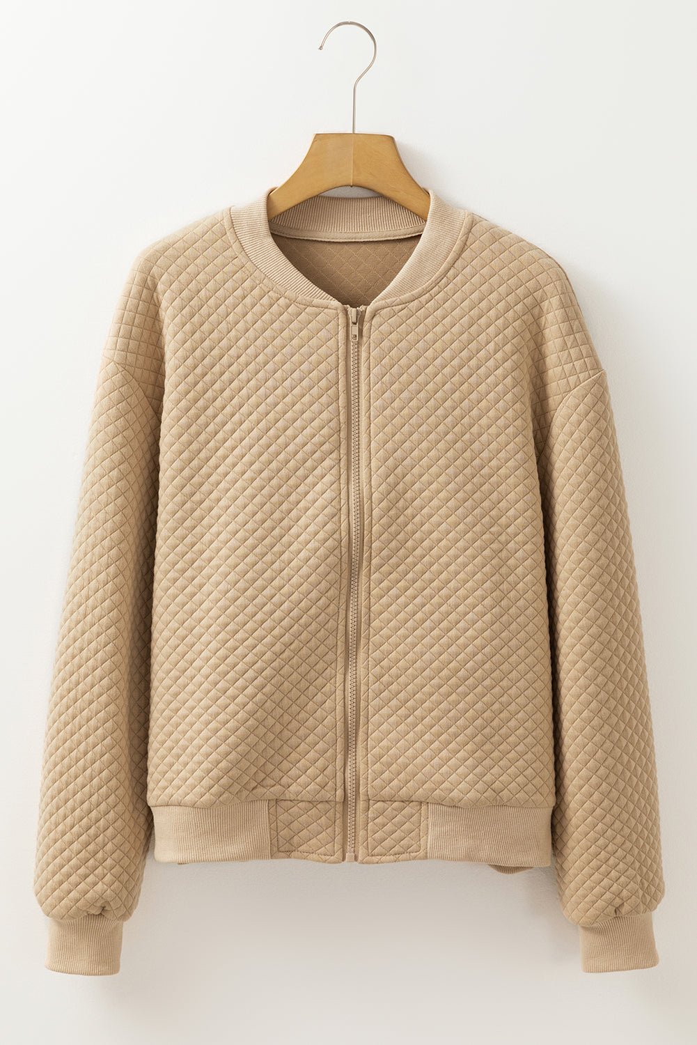 Pale Khaki Solid Geometric Textured Baseball Collar Jacket - Chaelisa's New Jammies