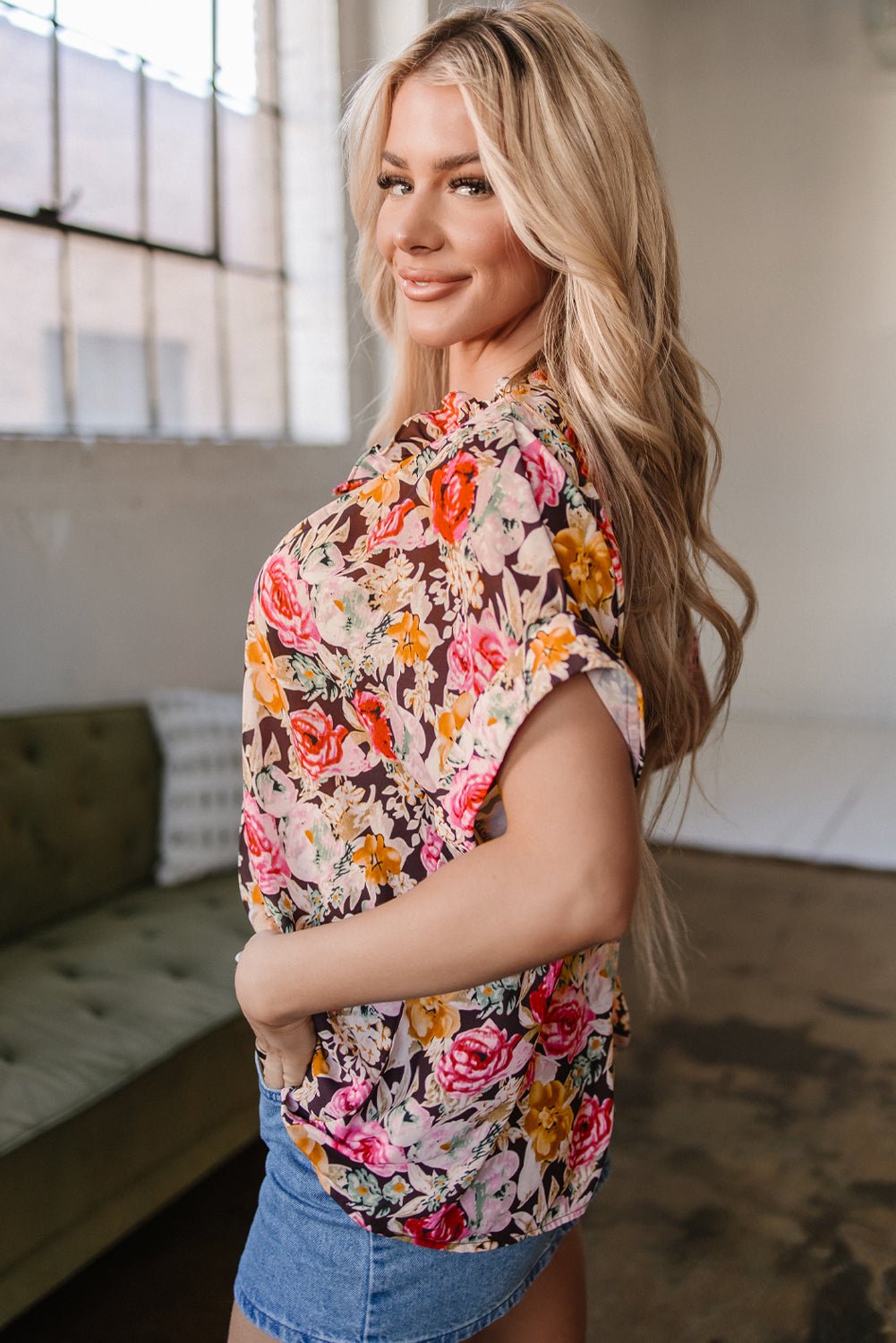 Pink Floral Print Crew Neck Short Sleeve Shift Blouse - Chaelisa's New Jammies