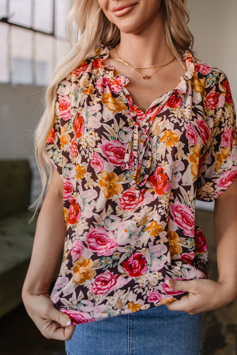 Pink Floral Print Crew Neck Short Sleeve Shift Blouse - Chaelisa's New Jammies