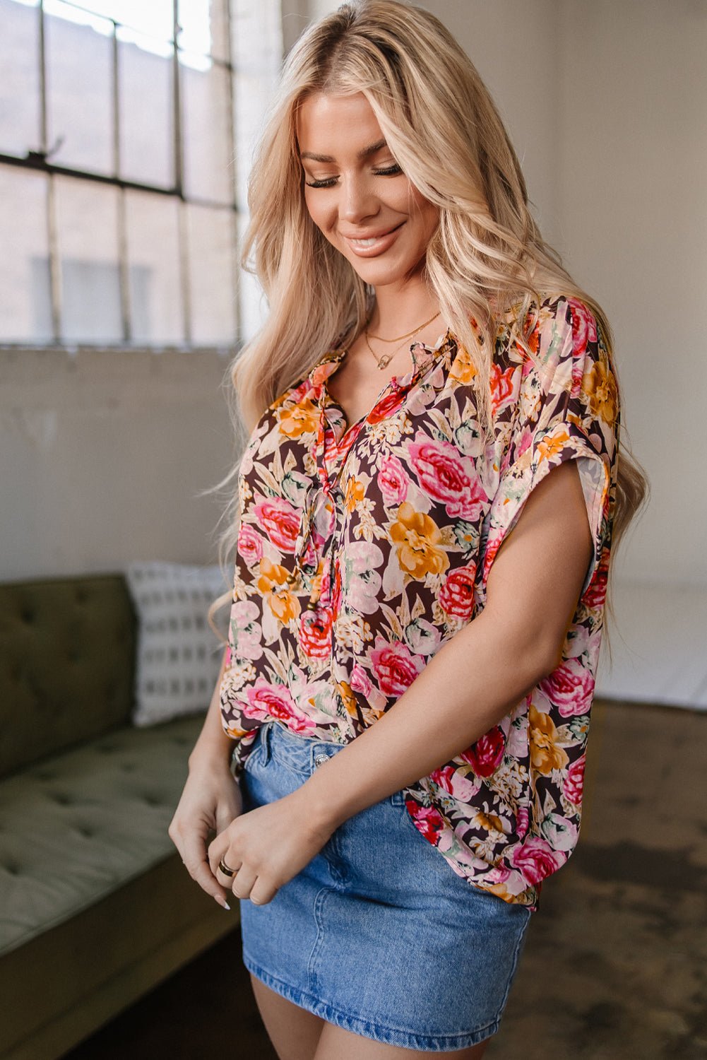 Pink Floral Print Crew Neck Short Sleeve Shift Blouse - Chaelisa's New Jammies