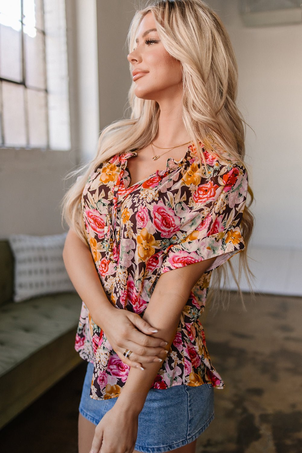 Pink Floral Print Crew Neck Short Sleeve Shift Blouse - Chaelisa's New Jammies