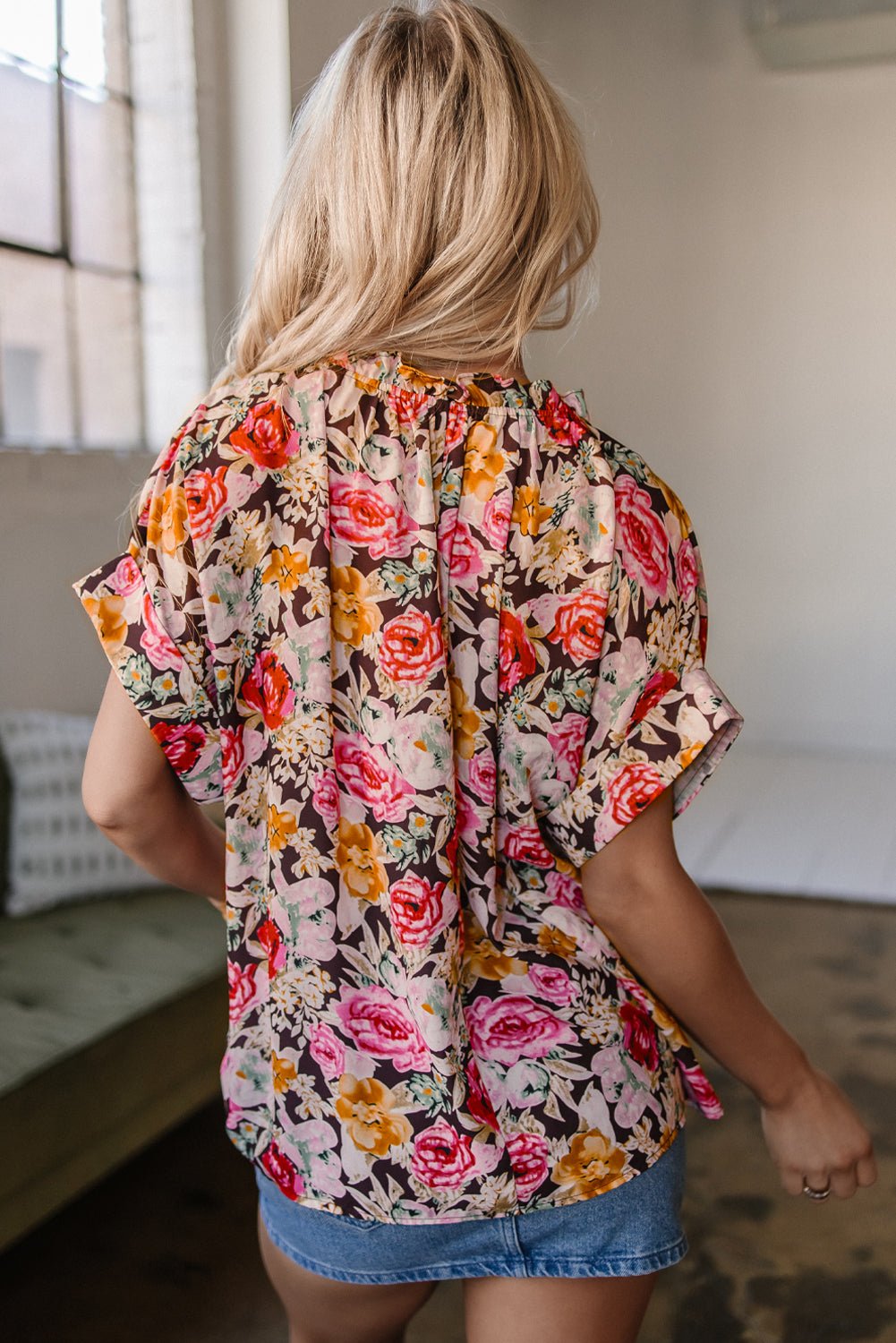 Pink Floral Print Crew Neck Short Sleeve Shift Blouse - Chaelisa's New Jammies
