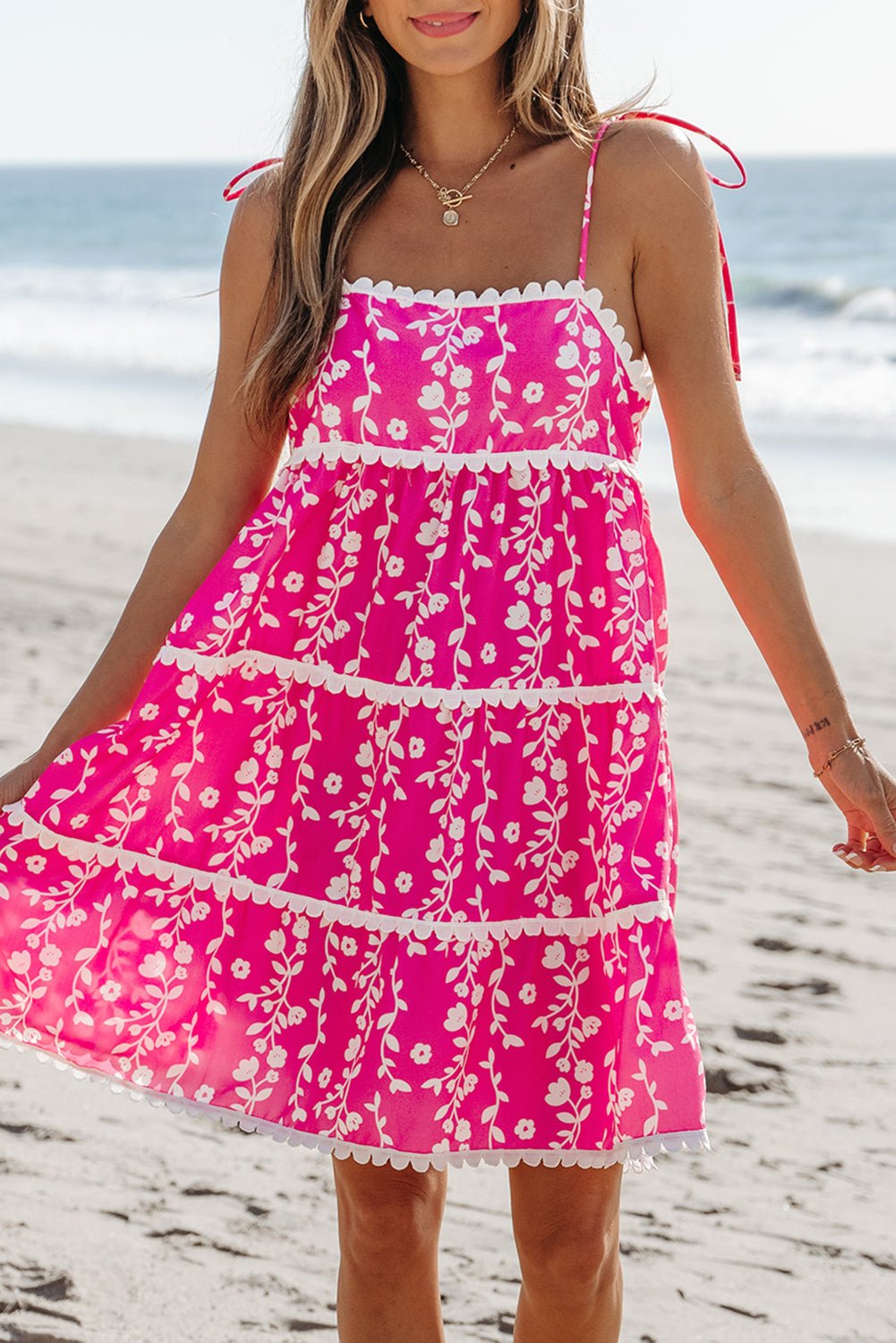 Pink Floral Print Ric Rac Patched Sleeveless Mini Dress - Chaelisa's New Jammies