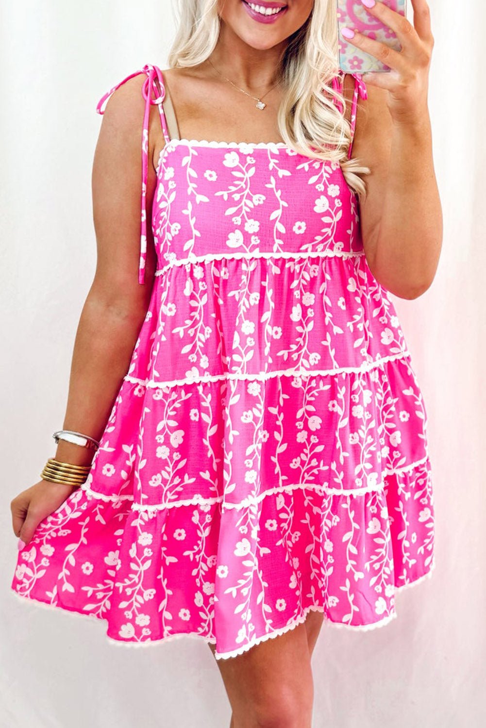 Pink Floral Print Ric Rac Patched Sleeveless Mini Dress - Chaelisa's New Jammies
