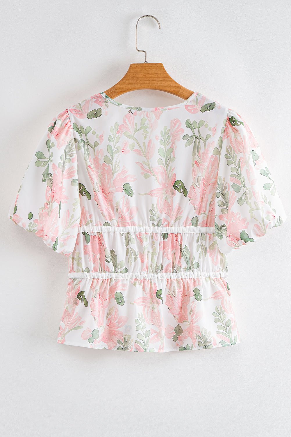 Pink Floral Puff Sleeve V Neck Tied Front Peplum Blouse - Chaelisa's New Jammies