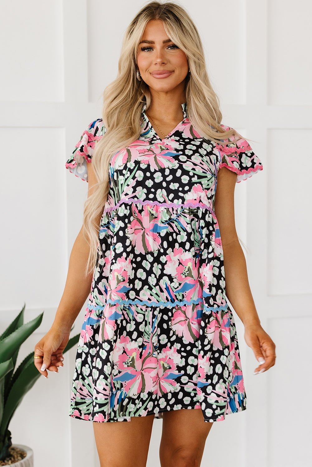 Pink Floral Ricrac Embellished Tiered Mini Dress - Chaelisa's New Jammies