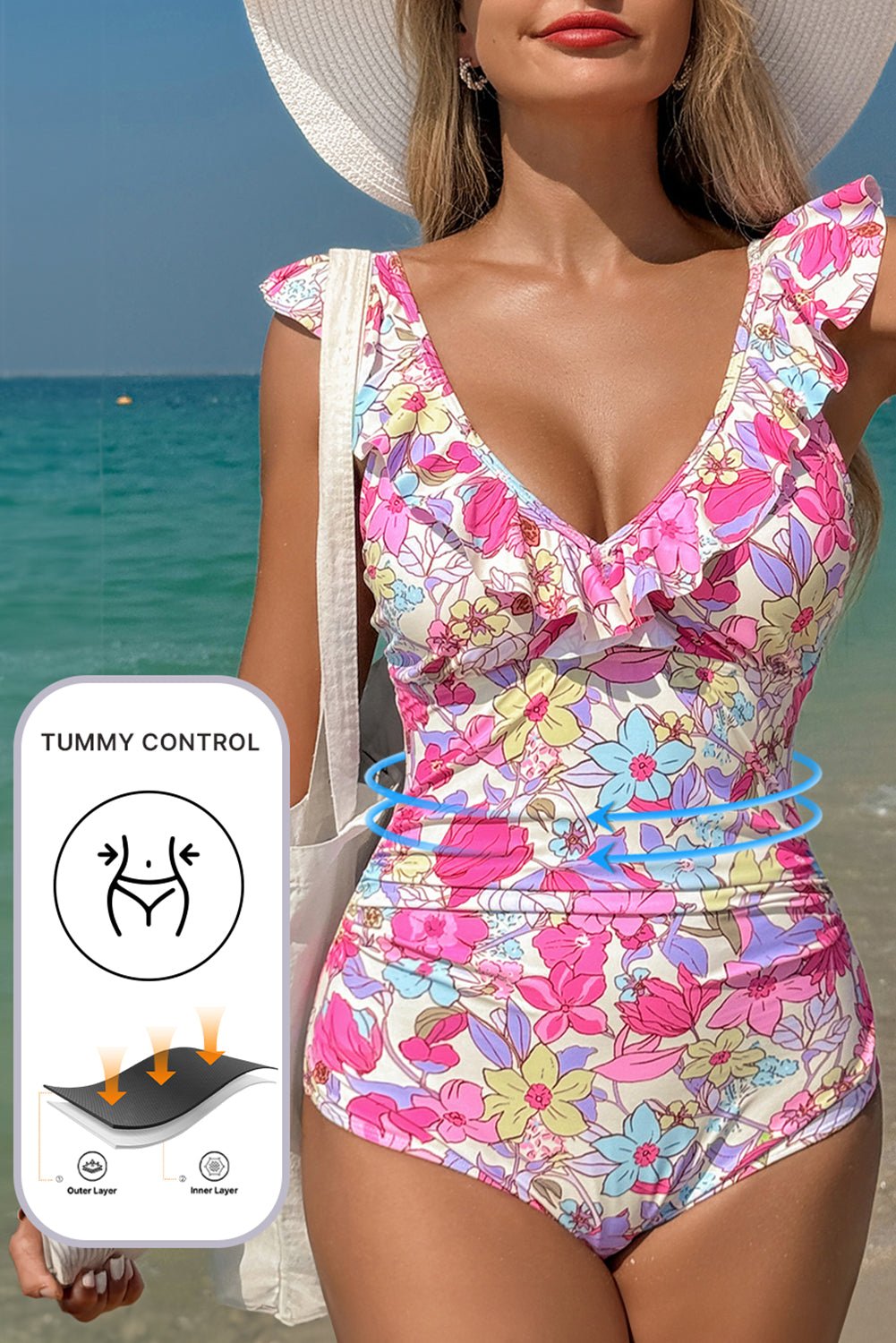 Pink Floral Ruffle Trim V Neck Lace - up Back Tummy Control One Piece Swimsuit - Chaelisa's New Jammies