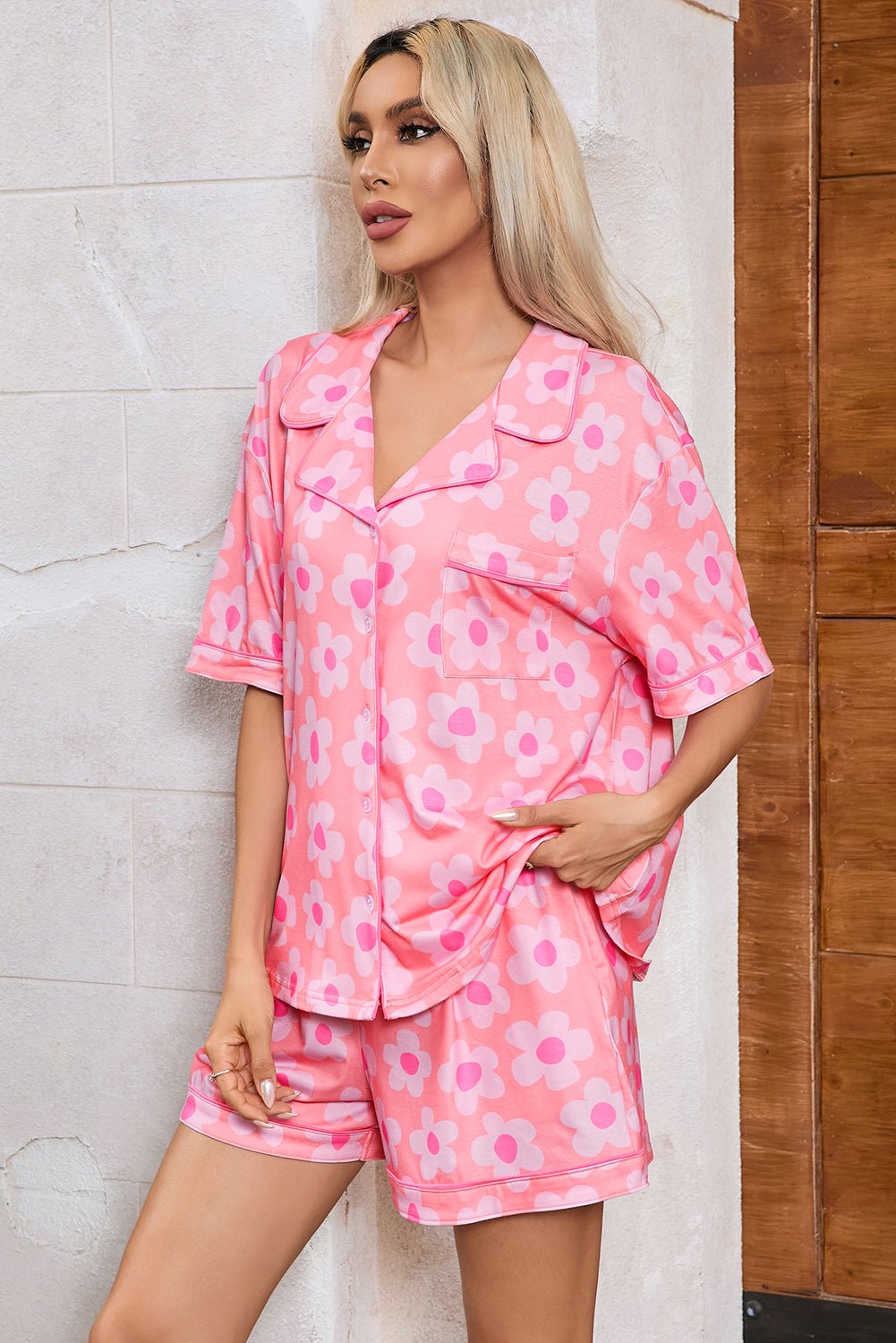 Pink Flower Print Short Sleeve Shirt Pajamas Set - Chaelisa's New Jammies