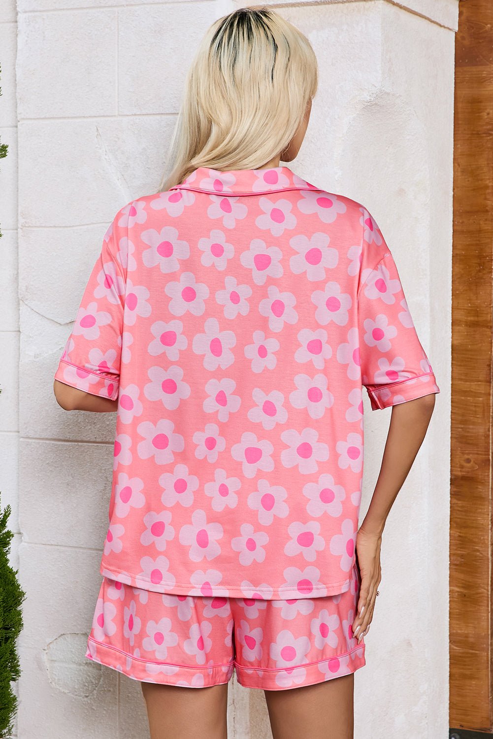 Pink Flower Print Short Sleeve Shirt Pajamas Set - Chaelisa's New Jammies