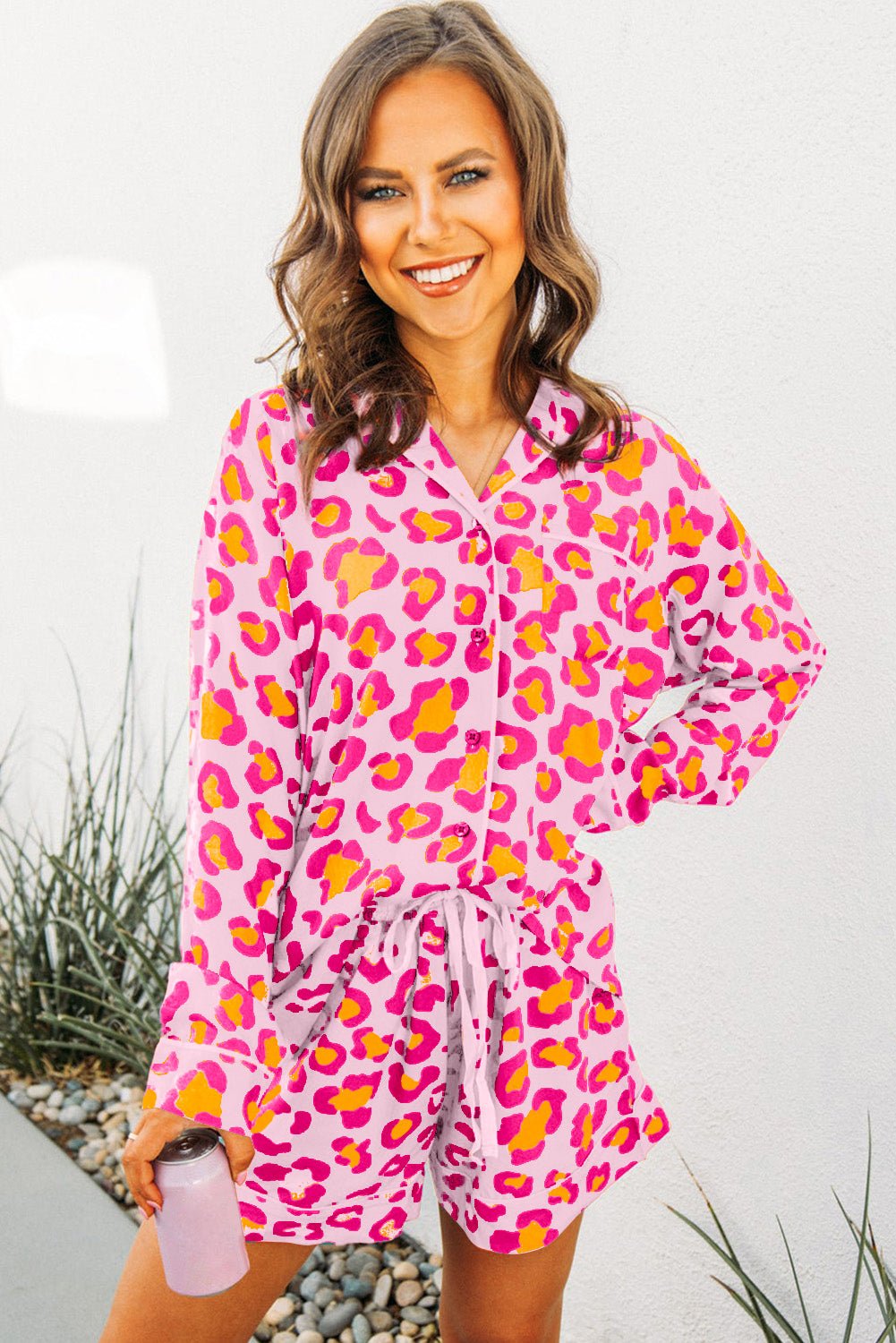 Pink Leopard Print Long Sleeve Shirt and Shorts Pajama Set - Chaelisa's New Jammies