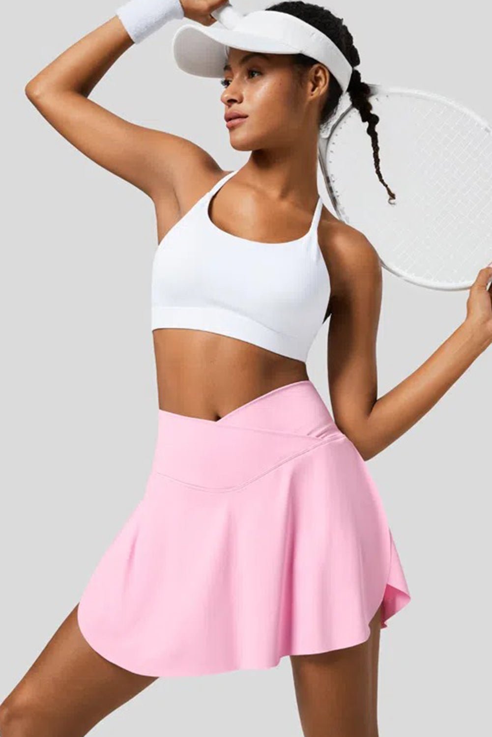 Pink Solid Pocketed Crossover High Waist Swim Skort - Chaelisa's New Jammies
