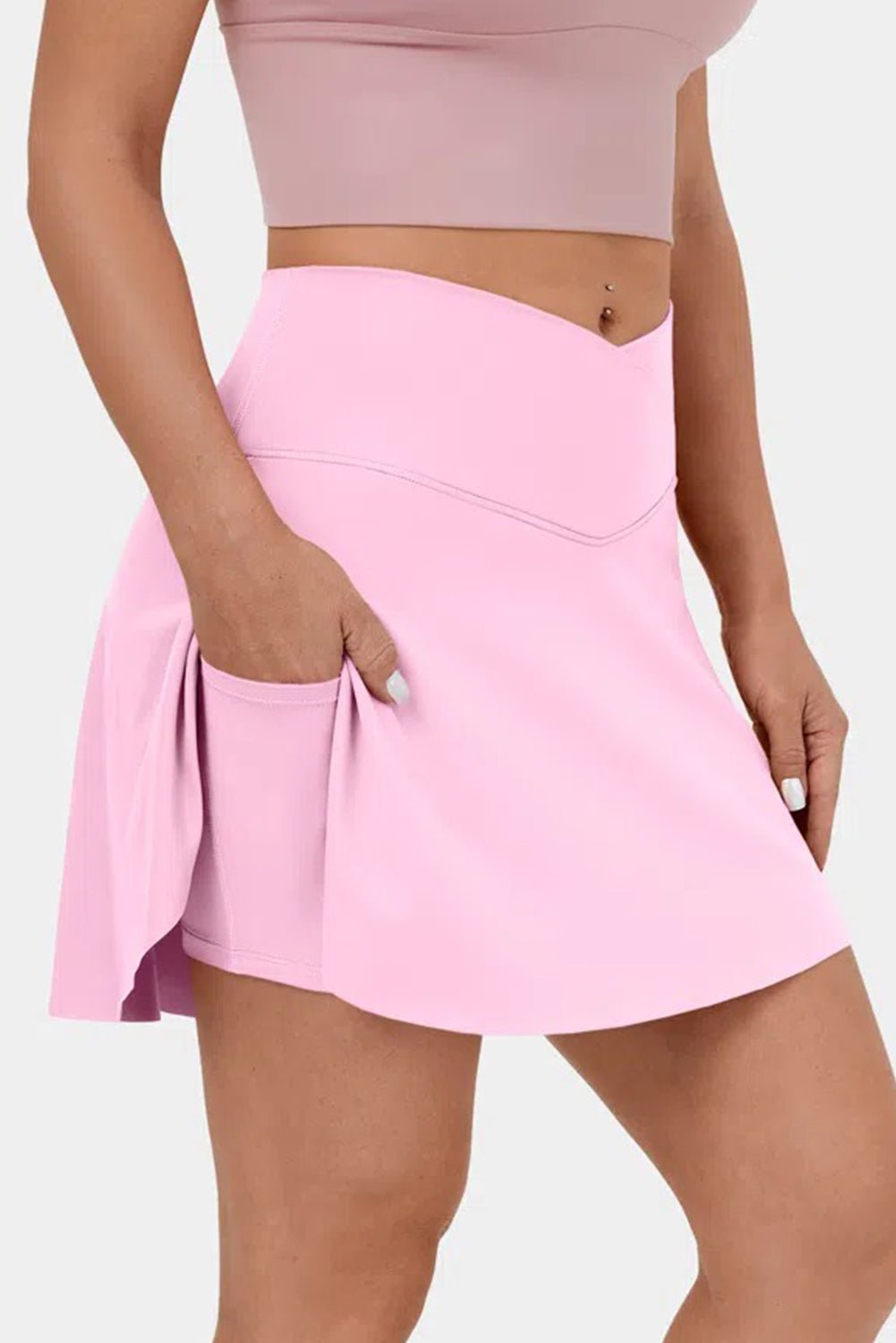 Pink Solid Pocketed Crossover High Waist Swim Skort - Chaelisa's New Jammies