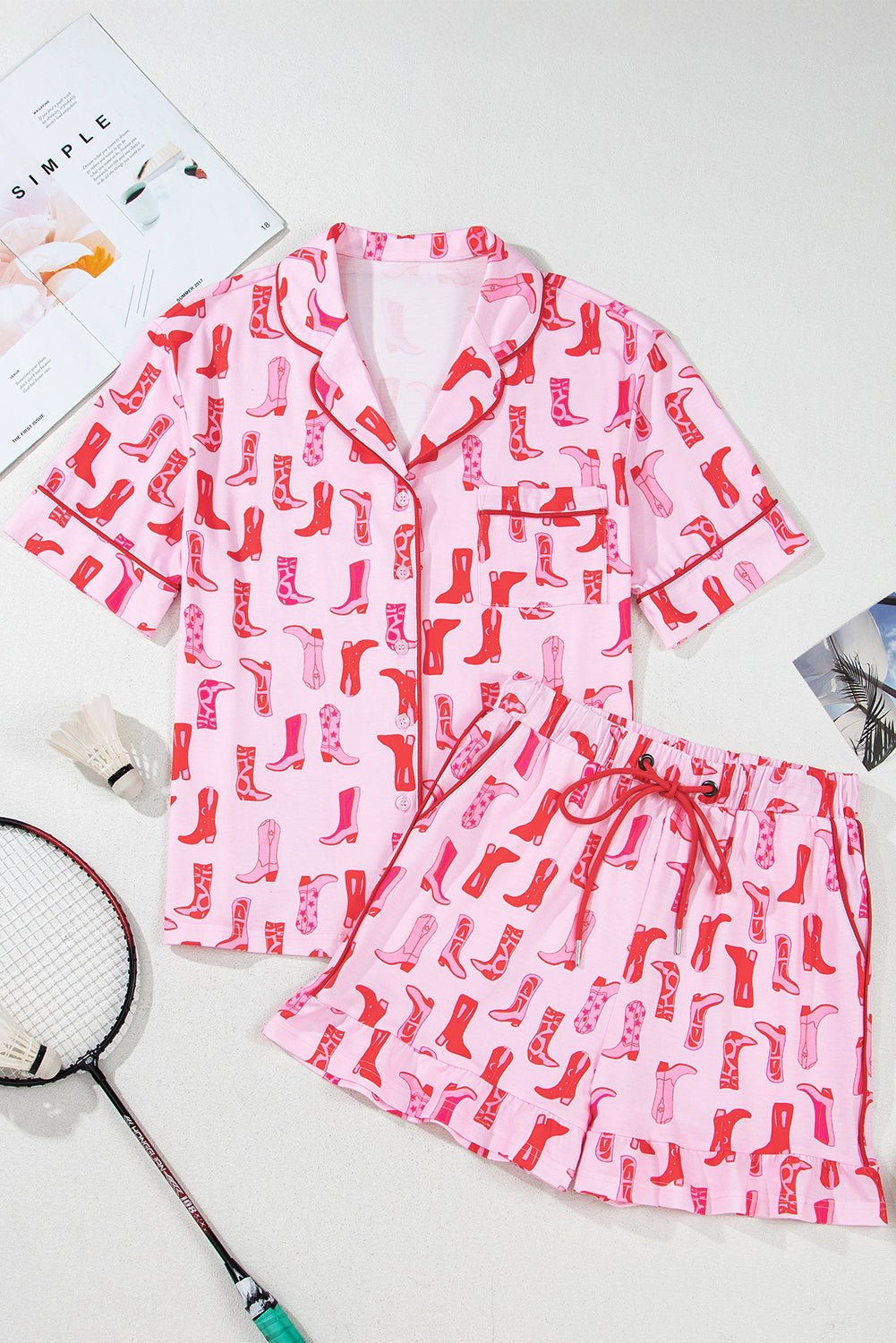 Pink Western Cowgirl Boots Printed Shirt Ruffled Shorts Pajama Set - Chaelisa's New Jammies
