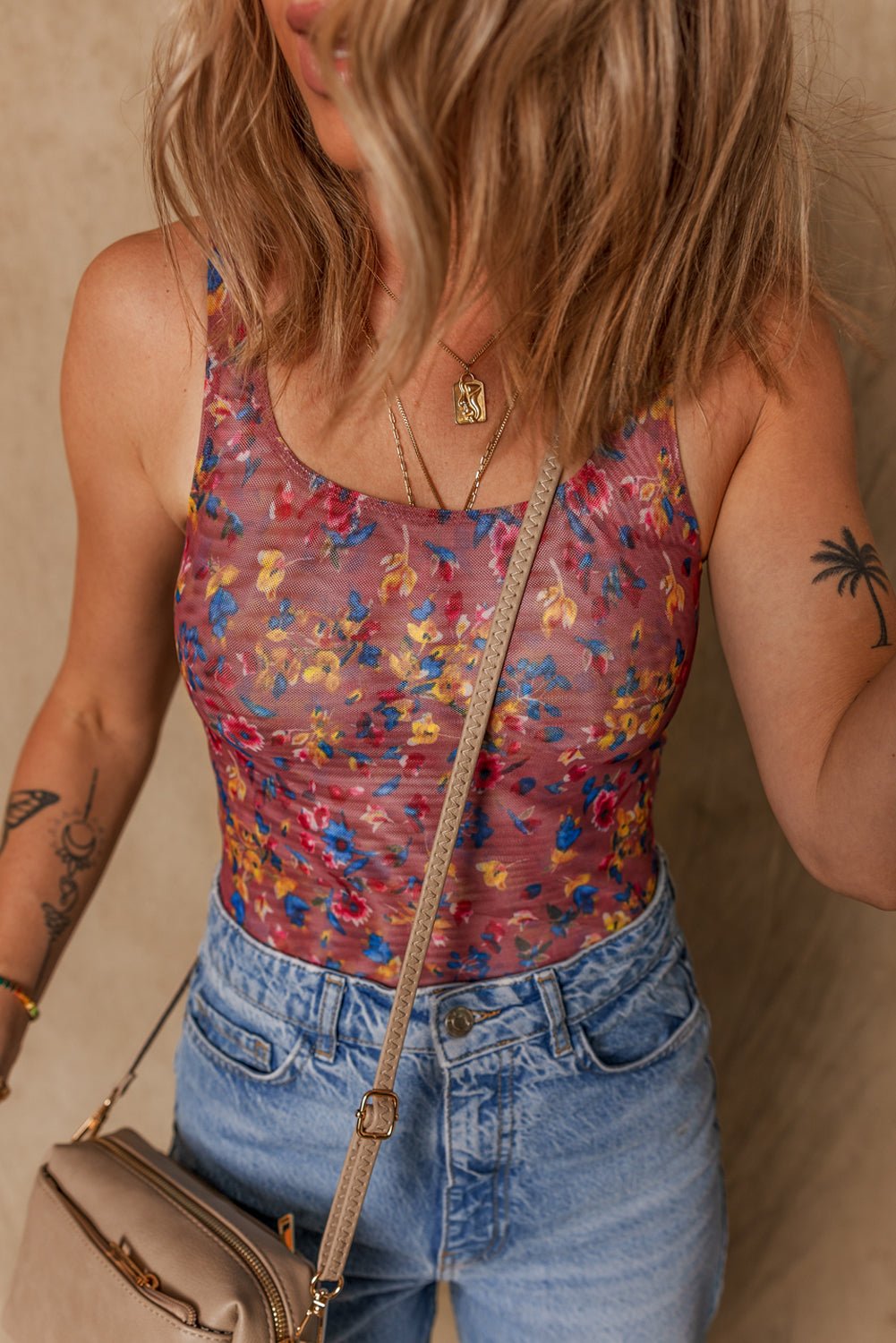 Purple Floral Printed Mesh U Neck Sleeveless Bodysuit - Chaelisa's New Jammies