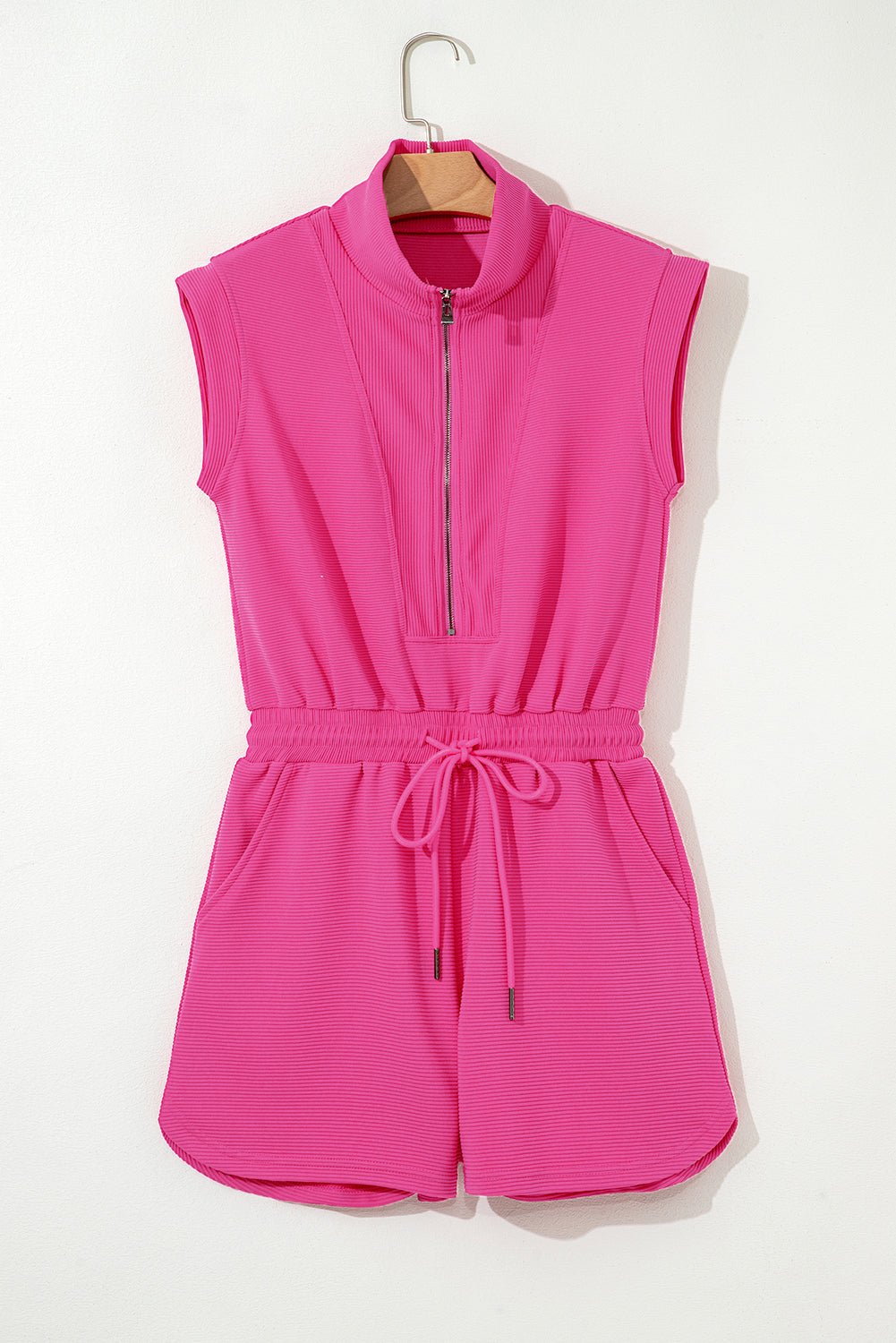 Rose Red Textured Short Sleeve Half Zip Drawstring Waist Romper - Chaelisa's New Jammies