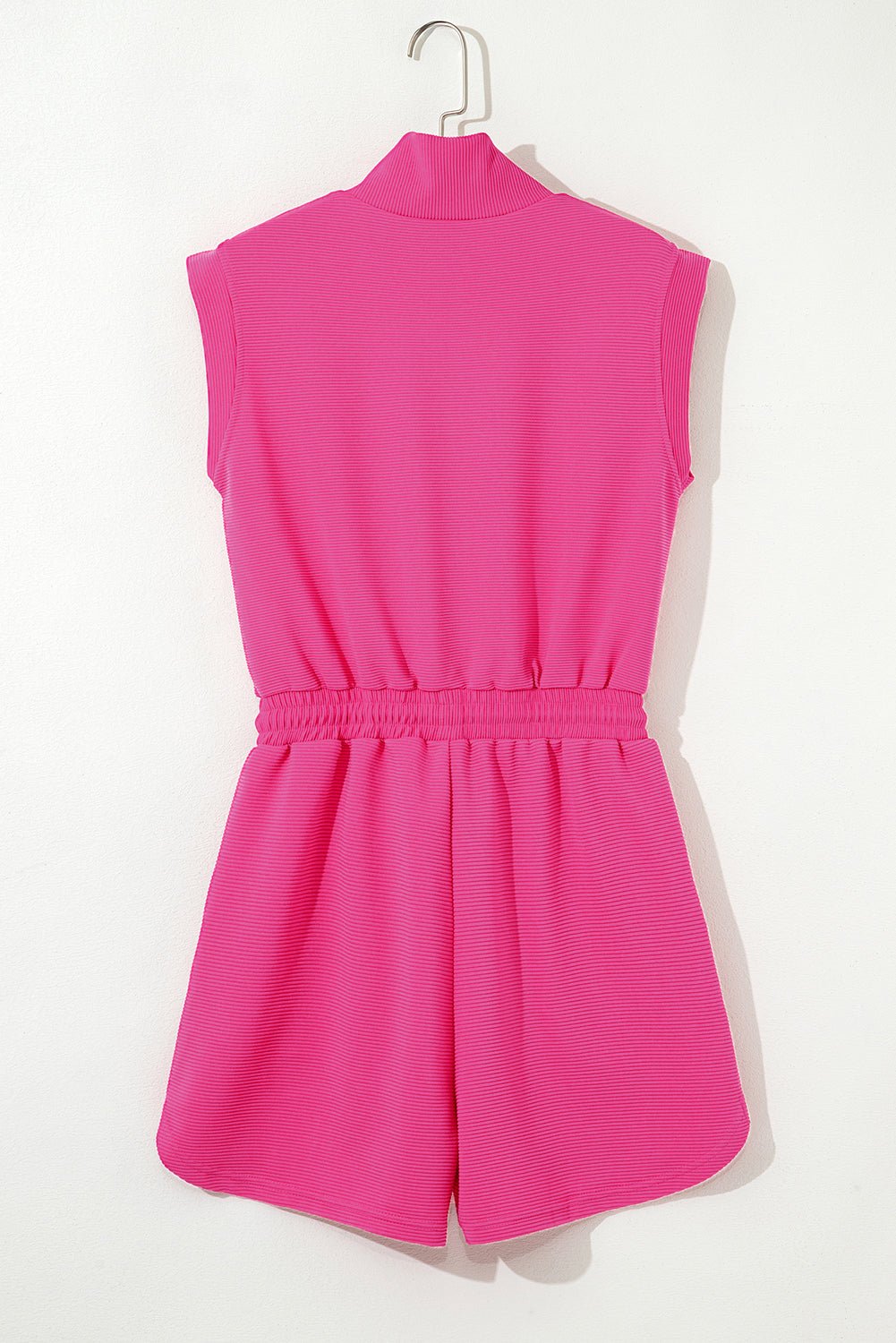 Rose Red Textured Short Sleeve Half Zip Drawstring Waist Romper - Chaelisa's New Jammies
