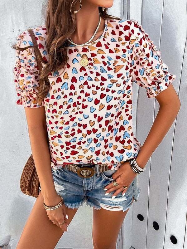 Round neck heart print ruffled sleeve top - Chaelisa's New Jammies