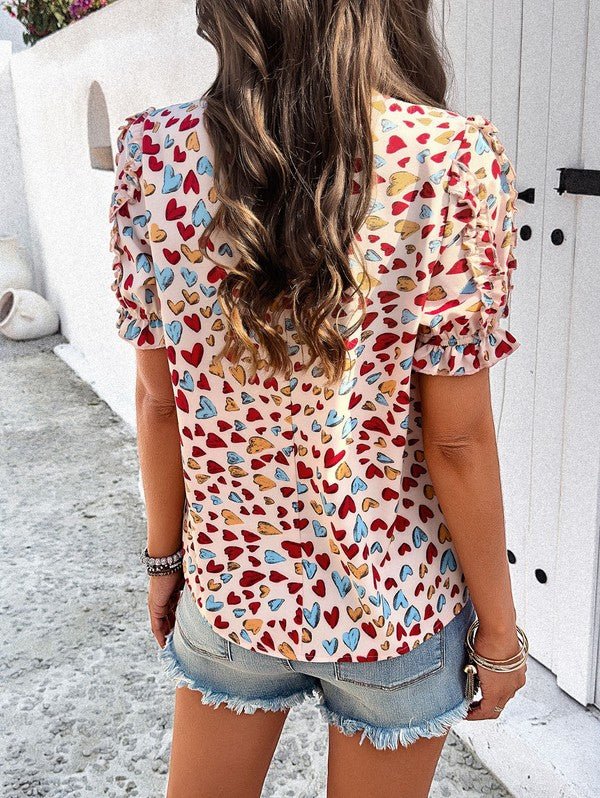 Round neck heart print ruffled sleeve top - Chaelisa's New Jammies