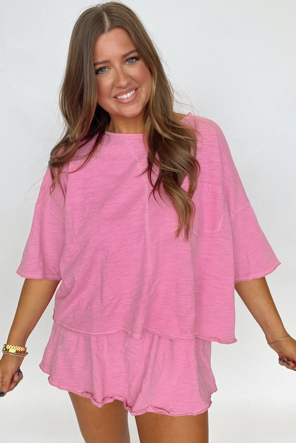 Sachet Pink Loose Fit Half Sleeve T Shirt and High Waist Skirt Set - Chaelisa's New Jammies