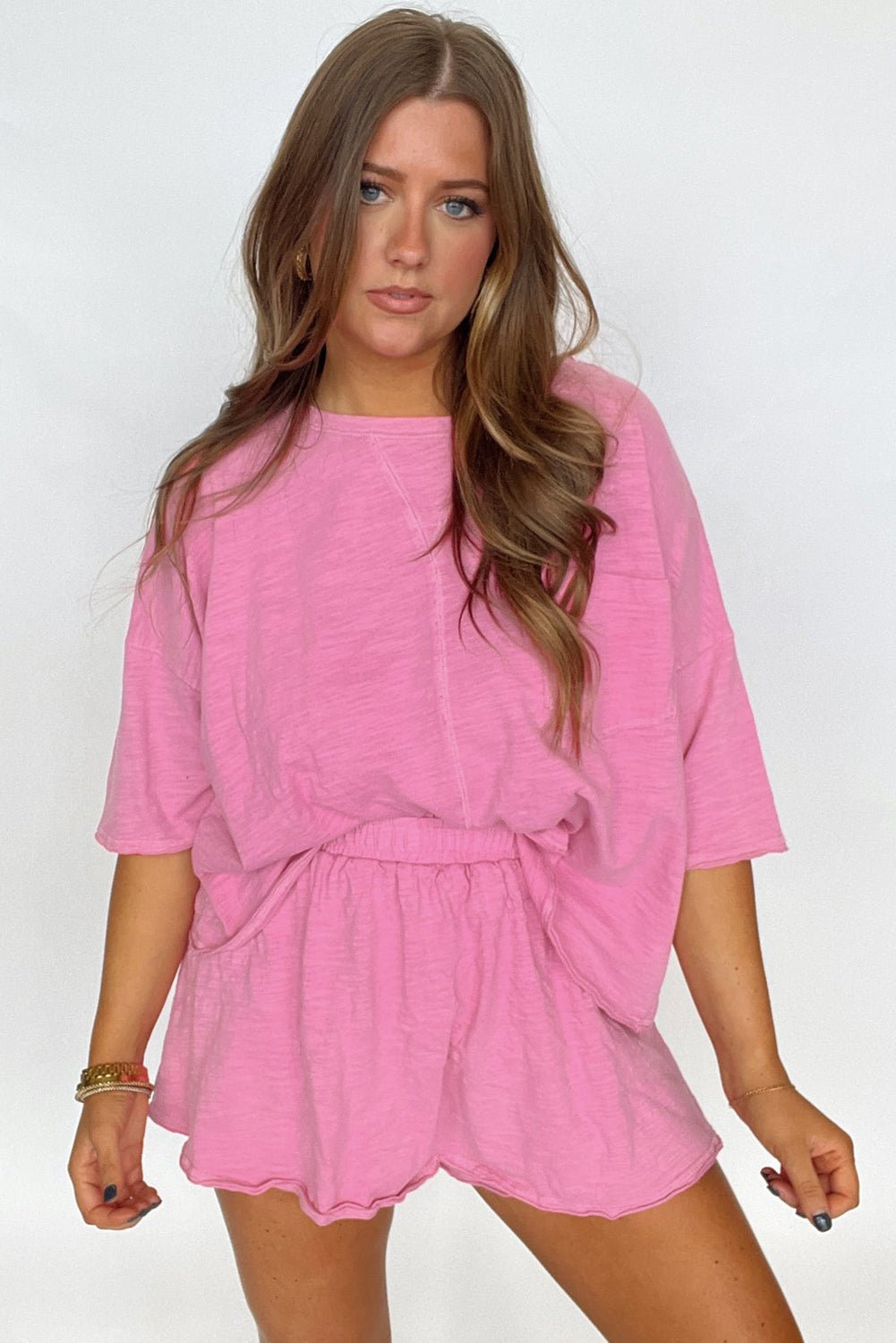 Sachet Pink Loose Fit Half Sleeve T Shirt and High Waist Skirt Set - Chaelisa's New Jammies