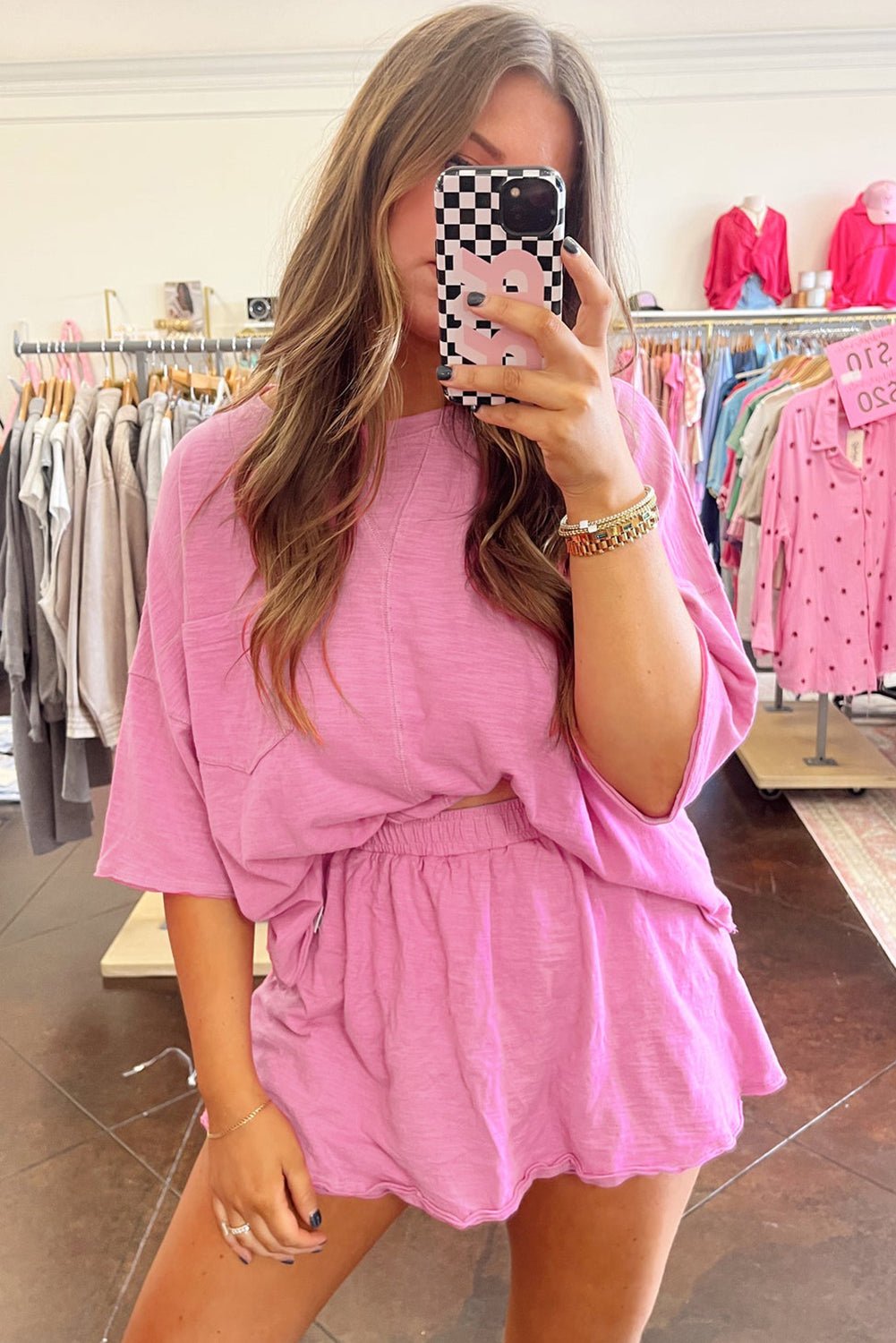 Sachet Pink Loose Fit Half Sleeve T Shirt and High Waist Skirt Set - Chaelisa's New Jammies