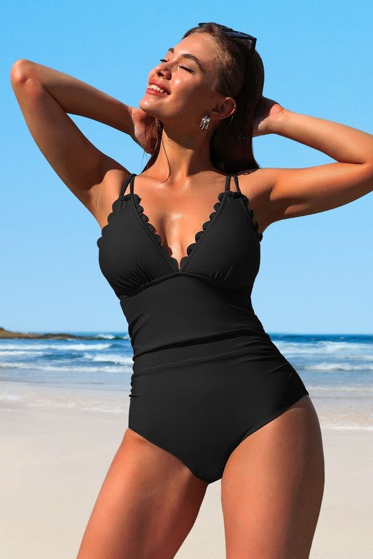 Scalloped V Neck Cut Out Monokini Swimwear - Chaelisa's New Jammies