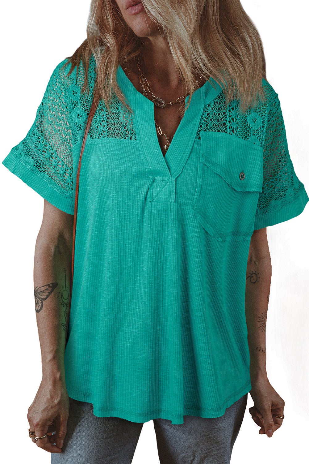 Sea Green Lace Patchwork Split Neck Textured Short Sleeve Blouse - Chaelisa's New Jammies