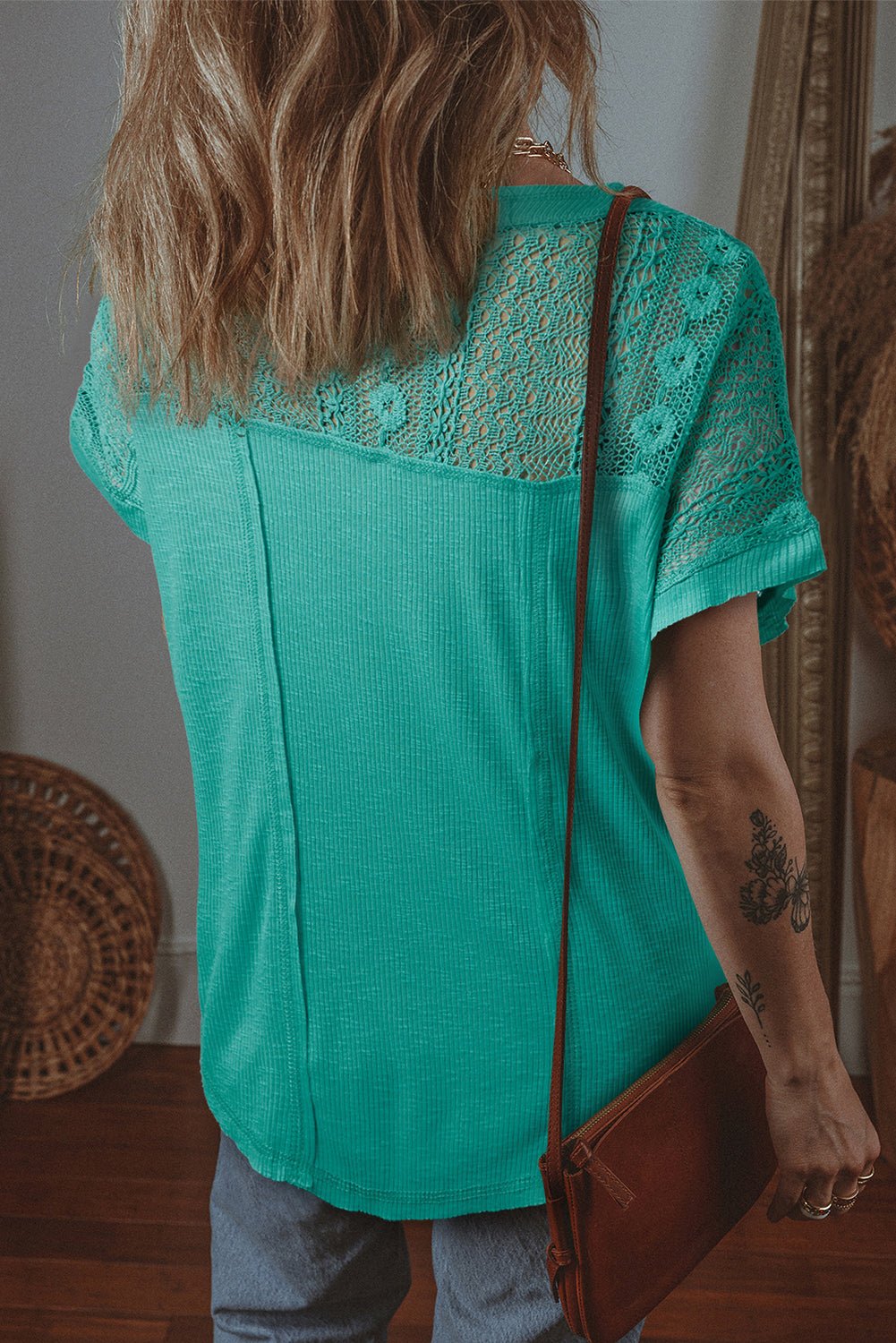 Sea Green Lace Patchwork Split Neck Textured Short Sleeve Blouse - Chaelisa's New Jammies