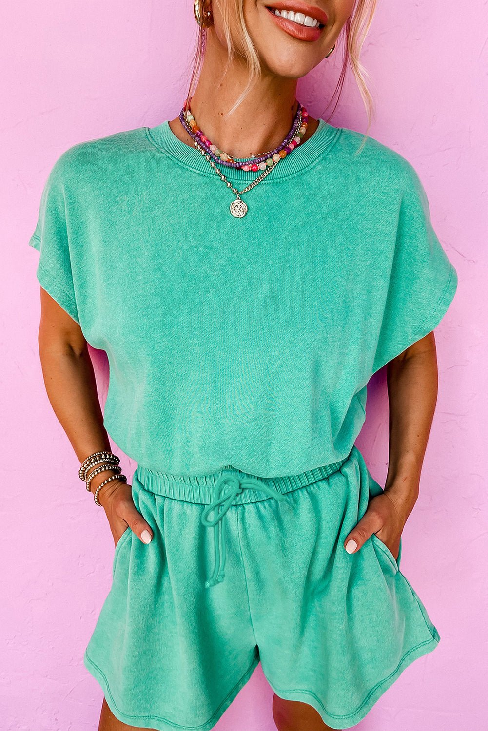 Sea Green Mineral Wash Drawstring Waist Hollow Out Back Short Sleeve Romper - Chaelisa's New Jammies