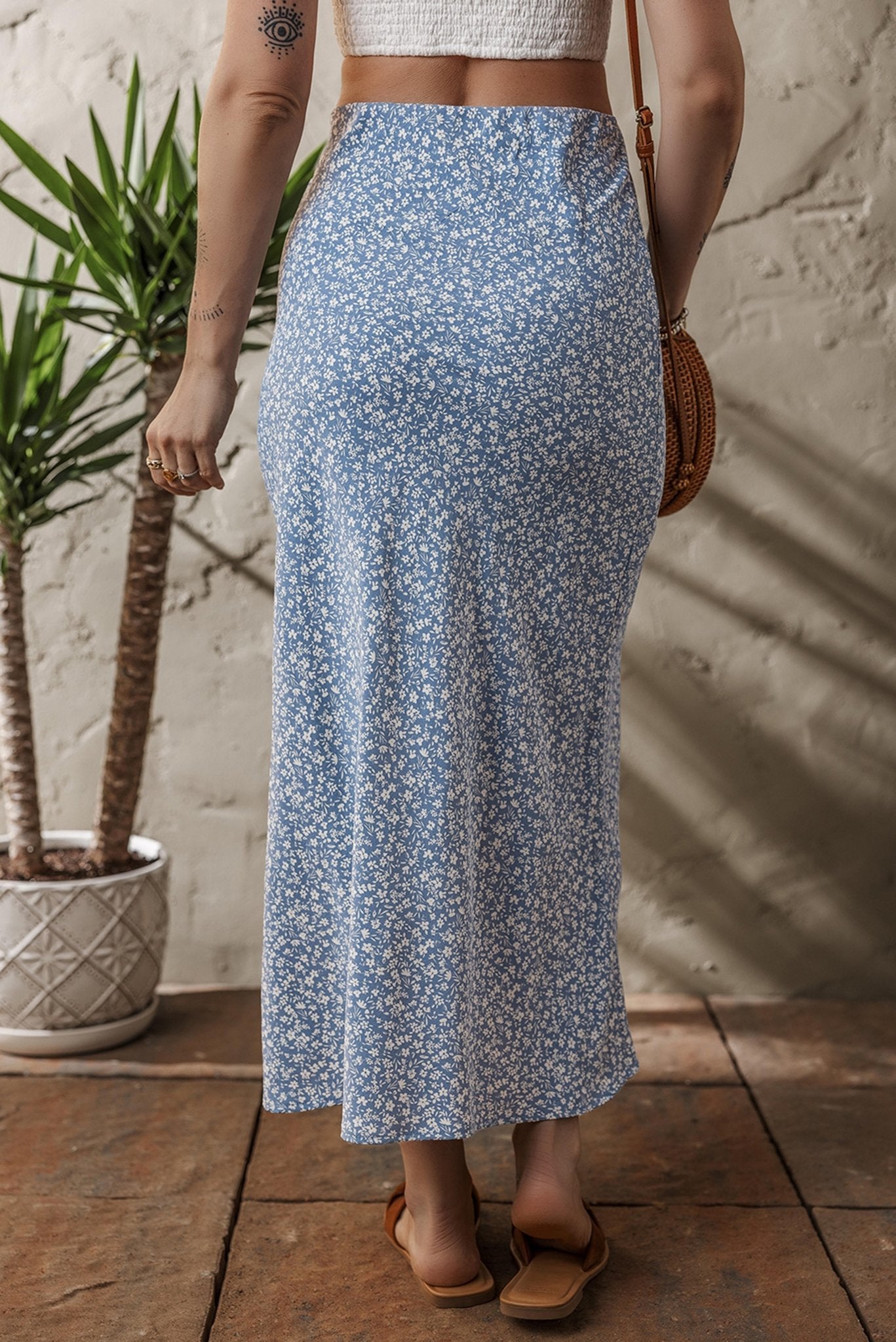 Sky Blue Boho Floral High Waist Long Skirt with Side Split - Chaelisa's New Jammies
