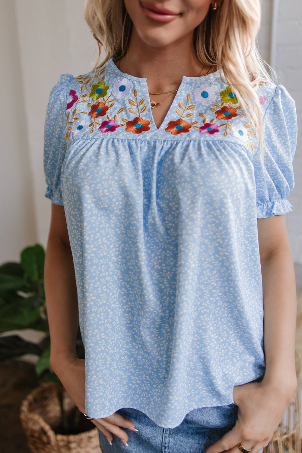 Sky Blue Floral Embroidered Puff Sleeve Notched V Neck Blouse - Chaelisa's New Jammies