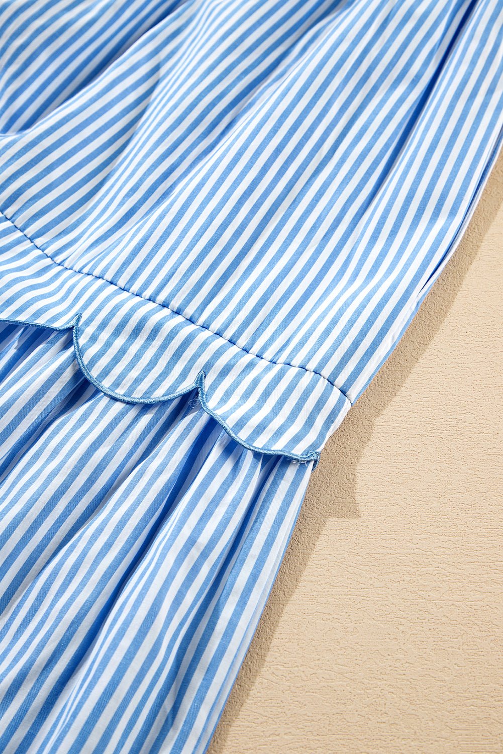 Sky Blue Stripe Bubble Short Sleeve Tiered Scallop Long Dress - Chaelisa's New Jammies