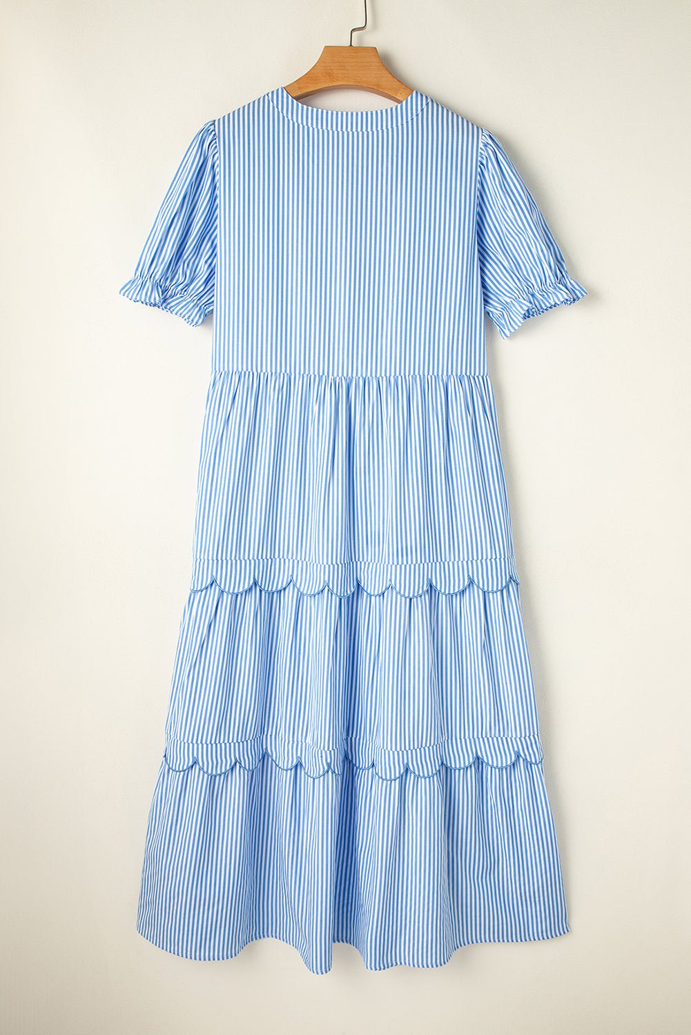 Sky Blue Stripe Bubble Short Sleeve Tiered Scallop Long Dress - Chaelisa's New Jammies