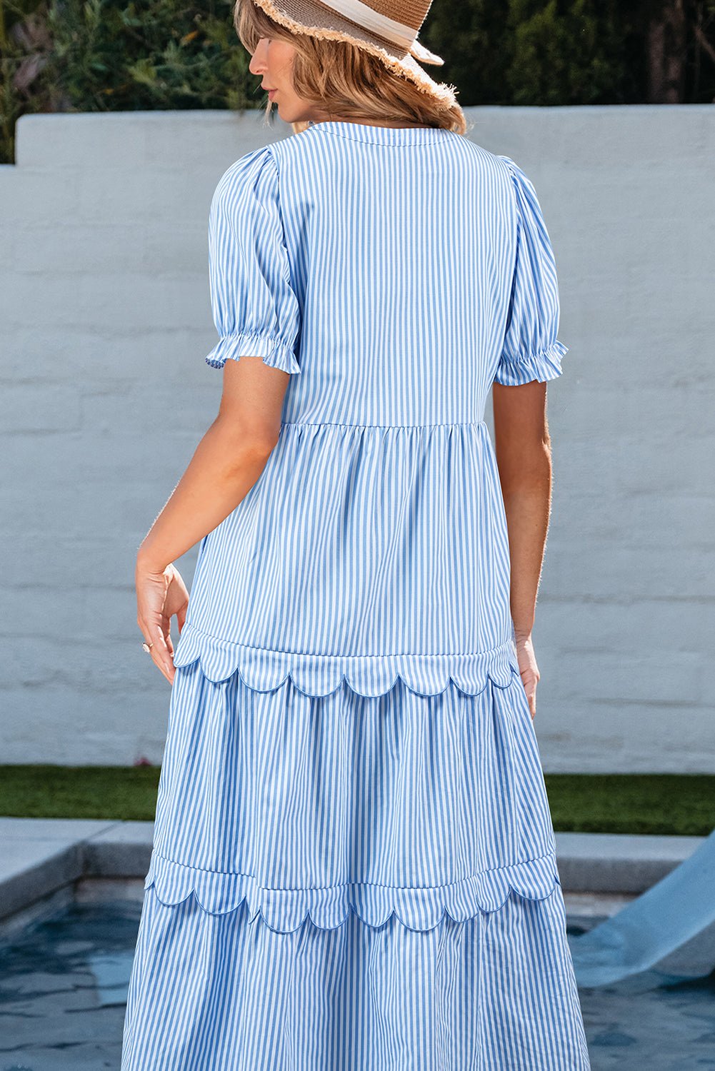 Sky Blue Stripe Bubble Short Sleeve Tiered Scallop Long Dress - Chaelisa's New Jammies